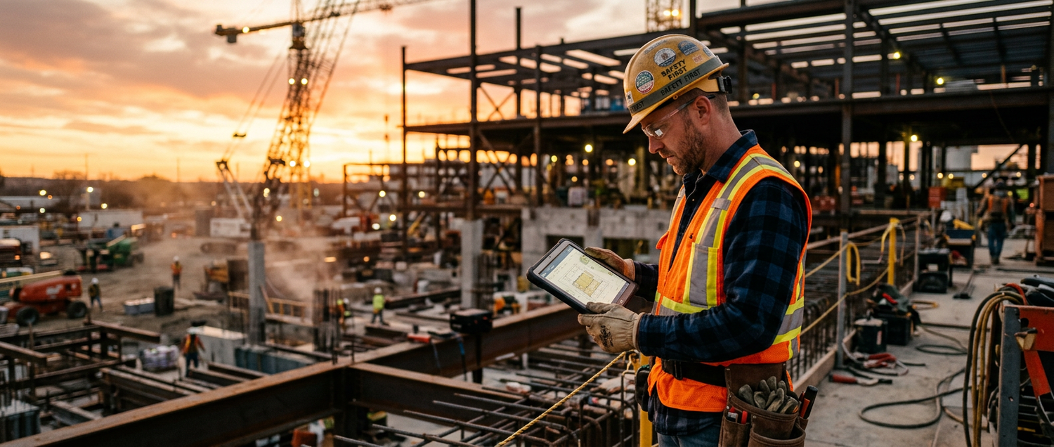Construction professional reviewing progress on a tablet at an active jobsite